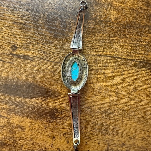 Celtic Tribal Inspired Etched Metal Bracelet Brass Tone Faux Turquoise Clasp - Picture 5 of 6